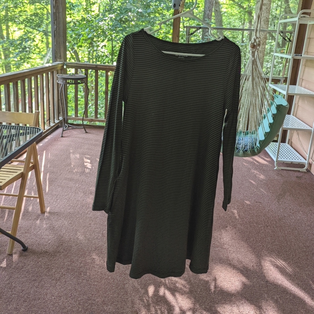 Wool& Rowena Swing Dress, Olive + Black striped, Small